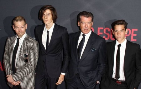 Dylan Brosnan (second from left) with his father Pierce, brother Paris Brosnan (right), and half-brother Sean Brosnan (left).